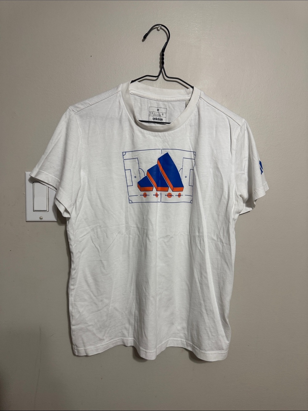 adidas White Short Sleeve Tee with Blue & Orange Trefoil Graphic - Picture 4 of 6